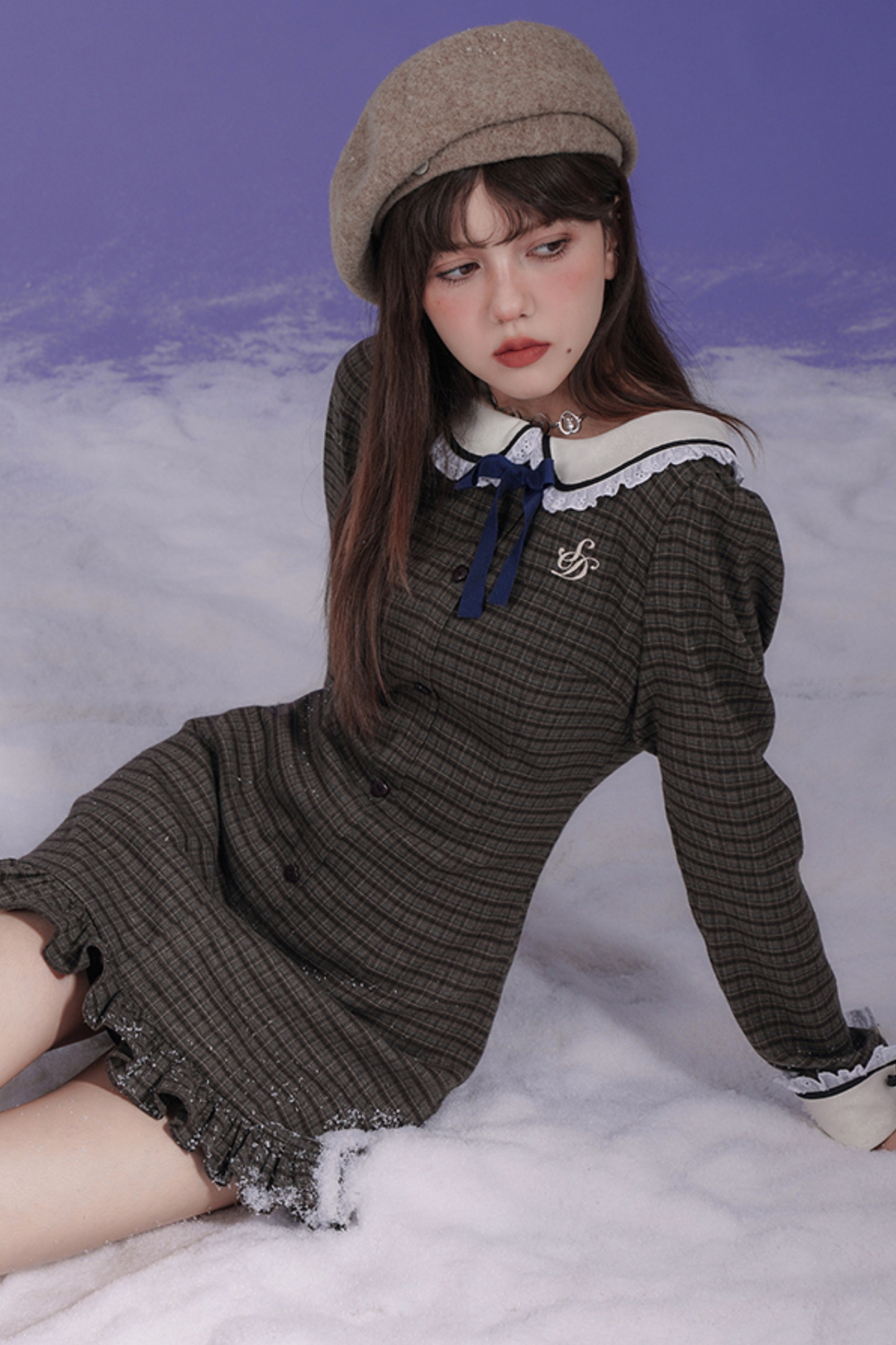 College Style Brown Plaid Doll Collar Dress + Bare Short Sweater