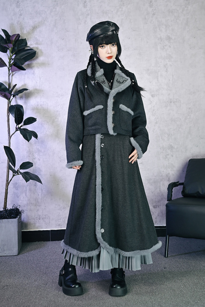 Retro Mode Faux Fur Short Jacket + Skirt
