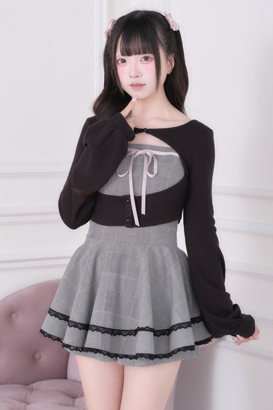 Lace Cardigan + Checkered Dress + Inner Pants