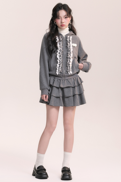 Ballet Lace Sweatshirt Hooded Jacket + Tiered Skirt
