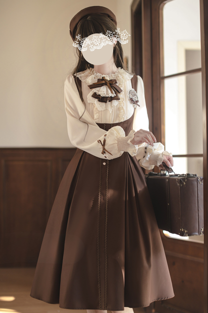 French Brown Lolita Dress + Cape + Beret + Badge