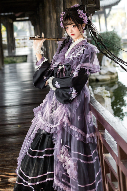 Dark Chinese-style Cross Collar Dress + Overdress + Skirt