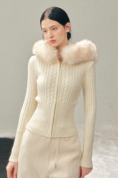 Fur Hood Knit Sweater Zip Top