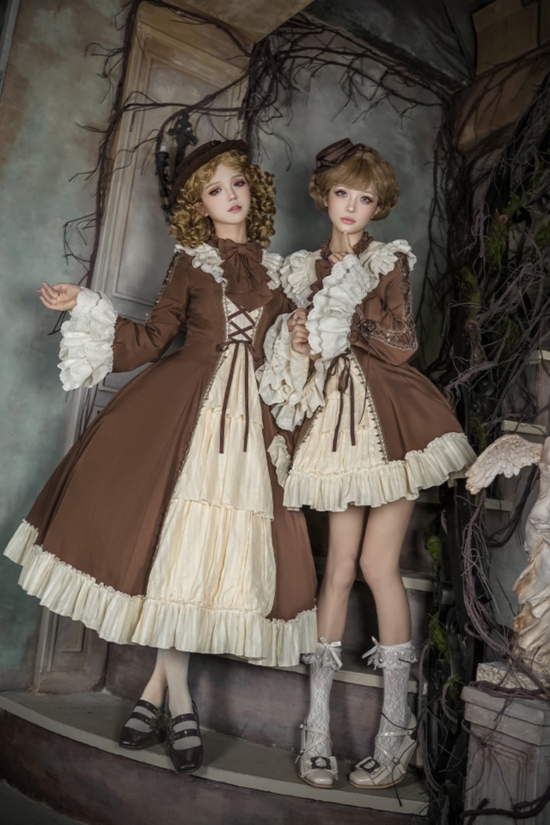 Lace Stand Collar Flared Sleeve Twin Doll Lolita Dress + Collar + Hat