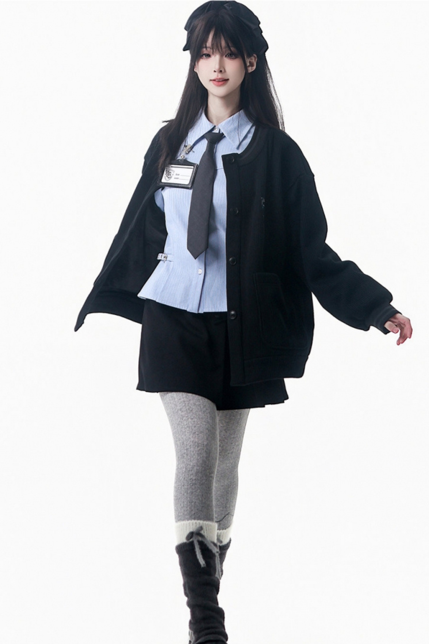 College Blue Shirt + Cardigan + Short Skirt + Long Skirt