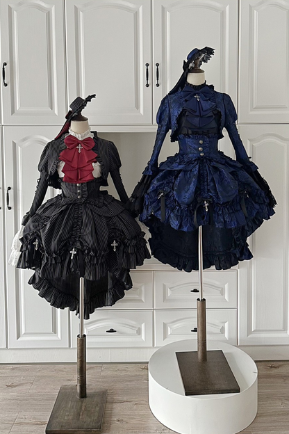 [pre-order Deadline: March 31] Cross Nocturne Gothic Dark Stripe Layered Top + Cross Rose Stripe Pull Up Skirt