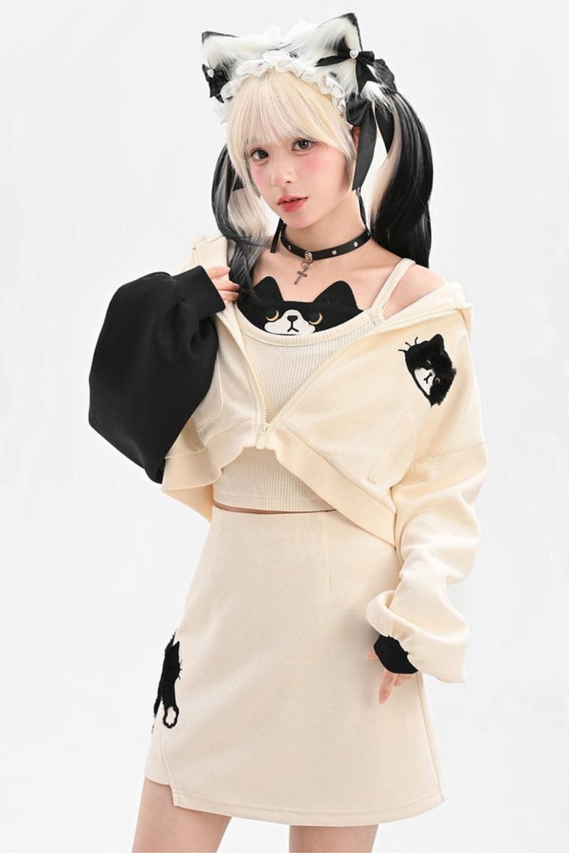 Cat Ear Hooded Short Parka + Camisole + Skirt