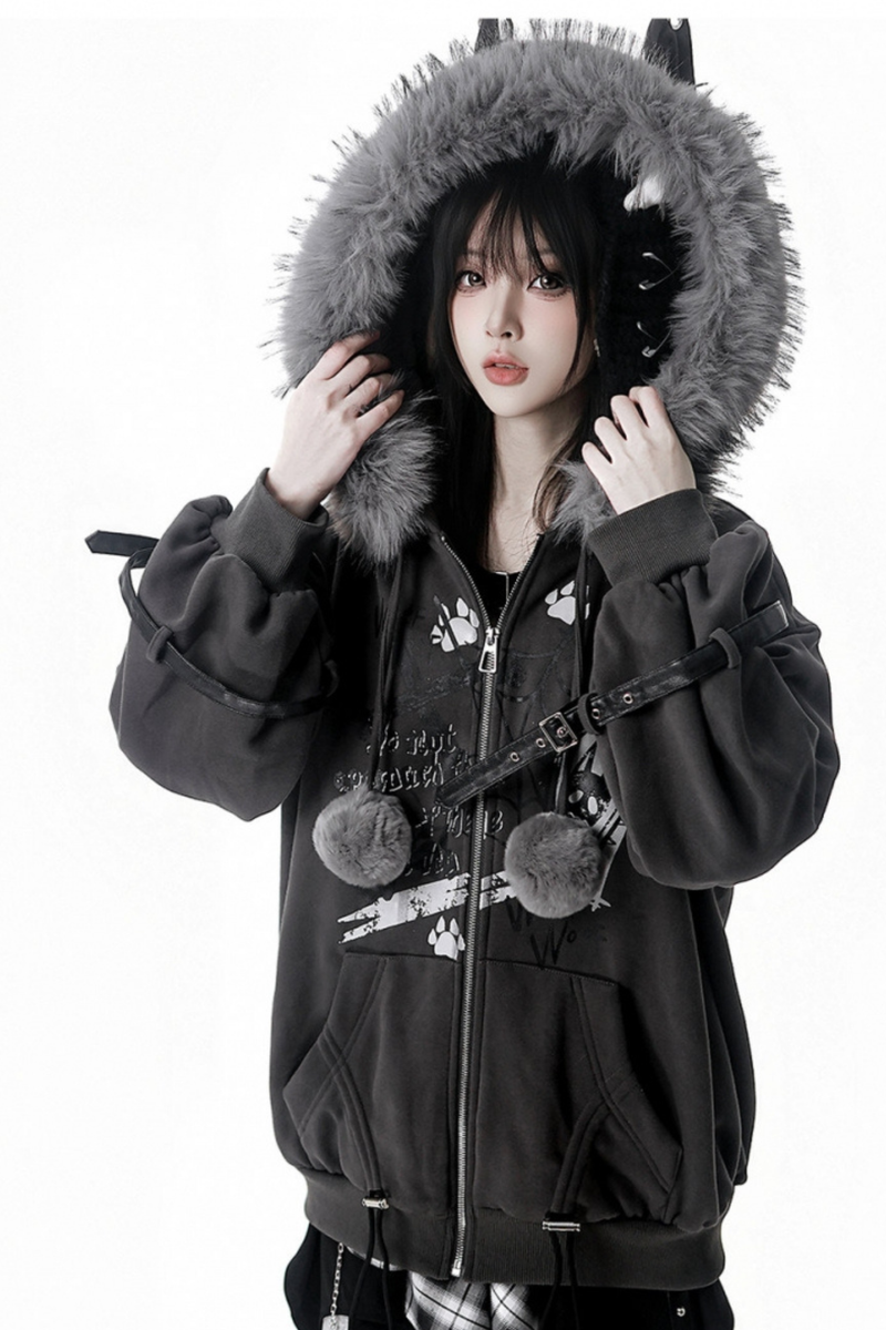 Fur Ball Fur Hooded Jacket + Top + Skirt