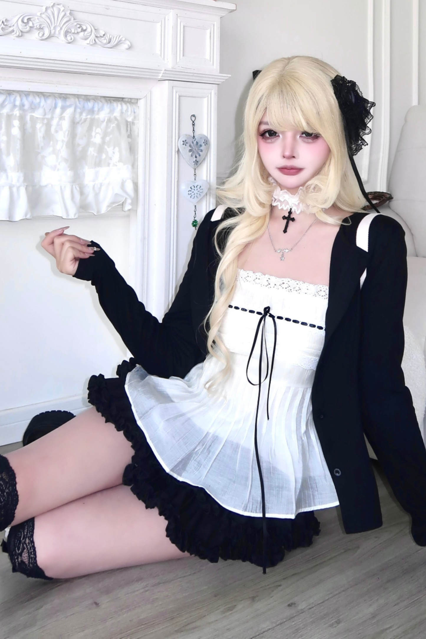 Sweet Style Lace Ribbon Top + Short Jacket + Skirt