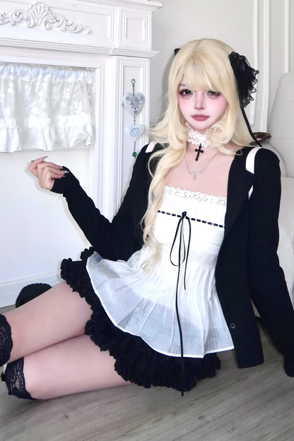 Sweet Style Lace Ribbon Top + Short Jacket + Skirt
