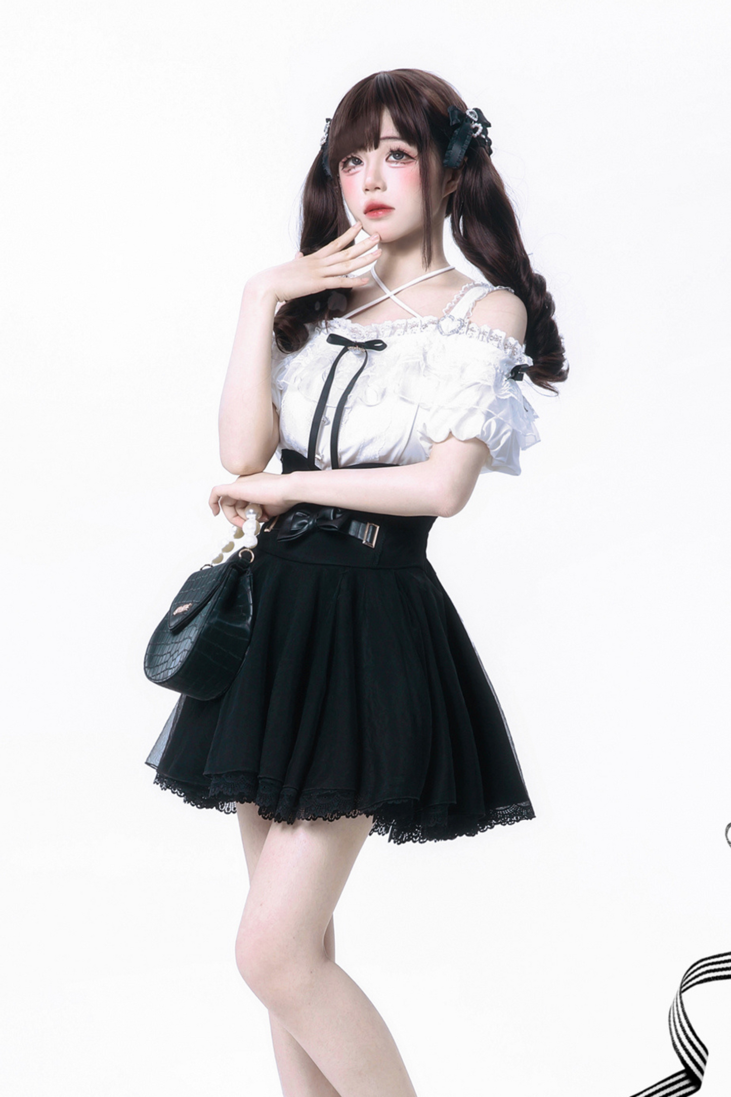[pre-order] Sweet Dark Kawaii Ribbon Blouse + High Waist Skirt + Large Ribbon