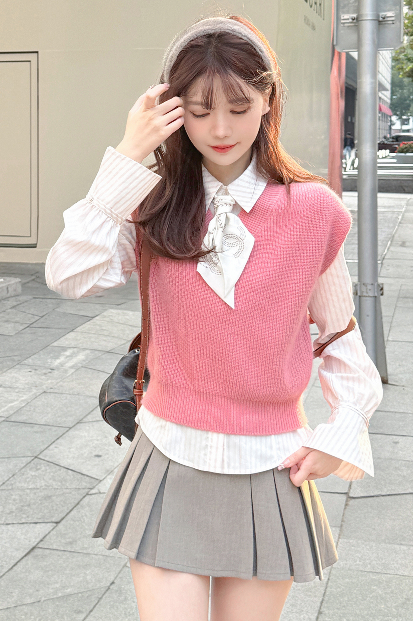 Fur Knit Vest + Striped Shirt
