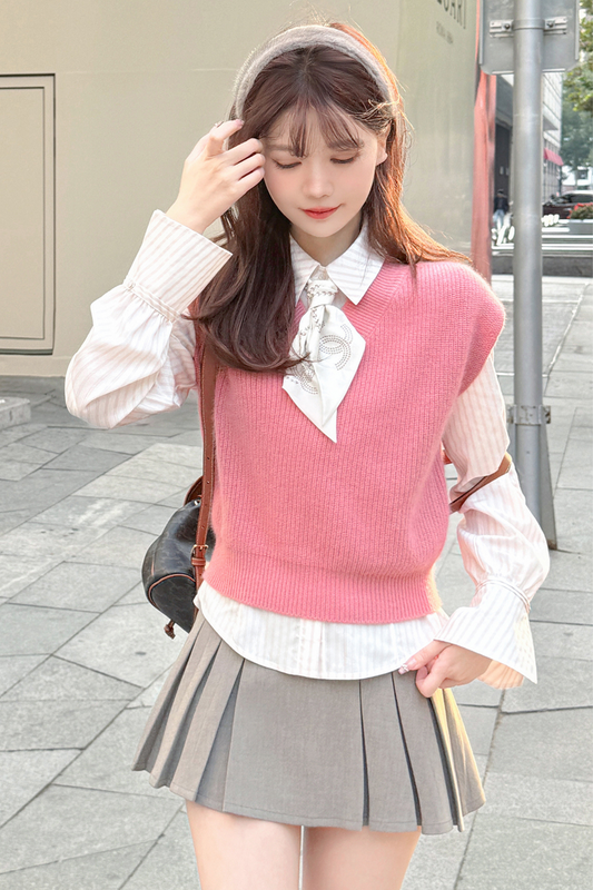 Fur Knit Vest + Striped Shirt