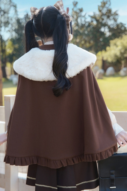 Fur Collar Cape + Knit Vest + Shirt + Pleated Skirt + Ribbon