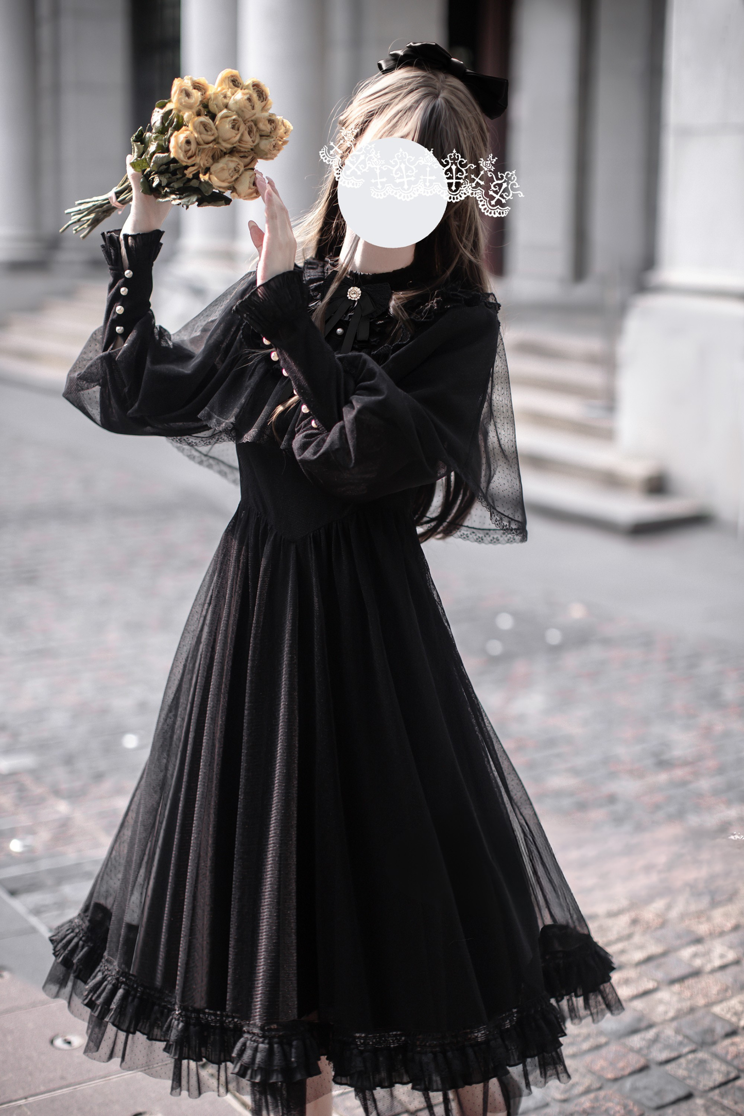 Dark Black Dot Gauze Shawl Dress
