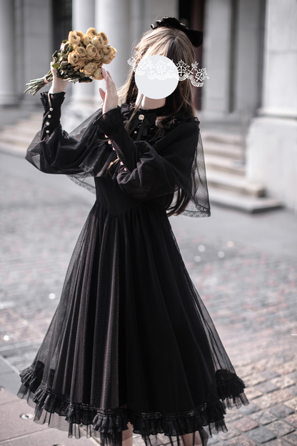 Dark Black Dot Gauze Shawl Dress