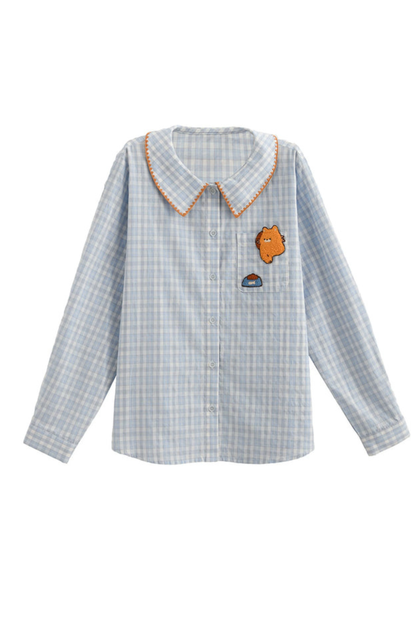 Cat Embroidered Plaid Blouse