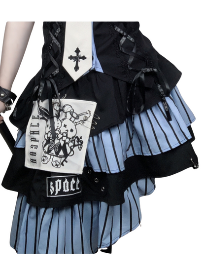 Code Rabbit Original Off Shoulder Striped Shirt + Asymmetric Striped Tiered Skirt + Cross Necktie