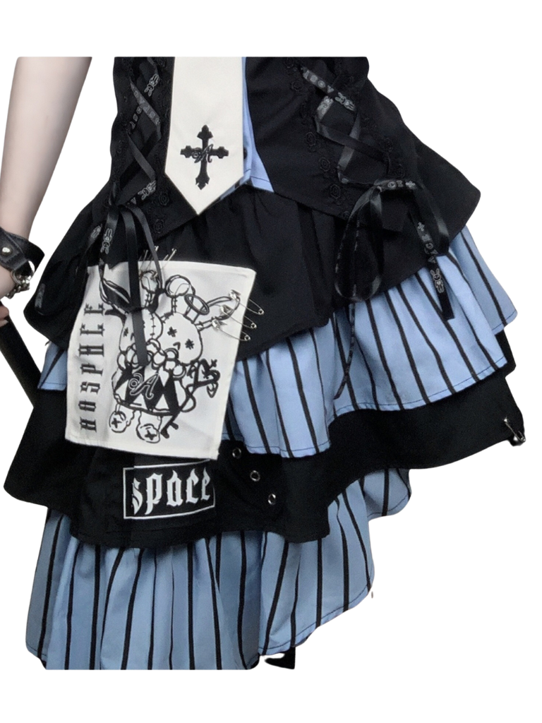Code Rabbit Original Off Shoulder Striped Shirt + Asymmetric Striped Tiered Skirt + Cross Necktie