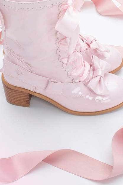 Ribbon Lace Up Mid Calf Boots