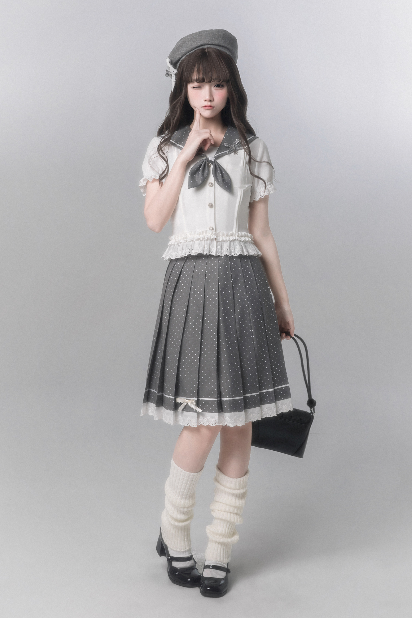 Sweet College Style Top + Polka Dot Pleated Skirt + Bow Tie