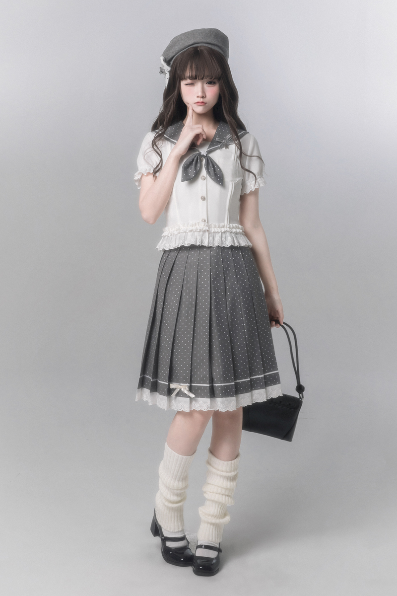 Sweet College Style Top + Polka Dot Pleated Skirt + Bow Tie