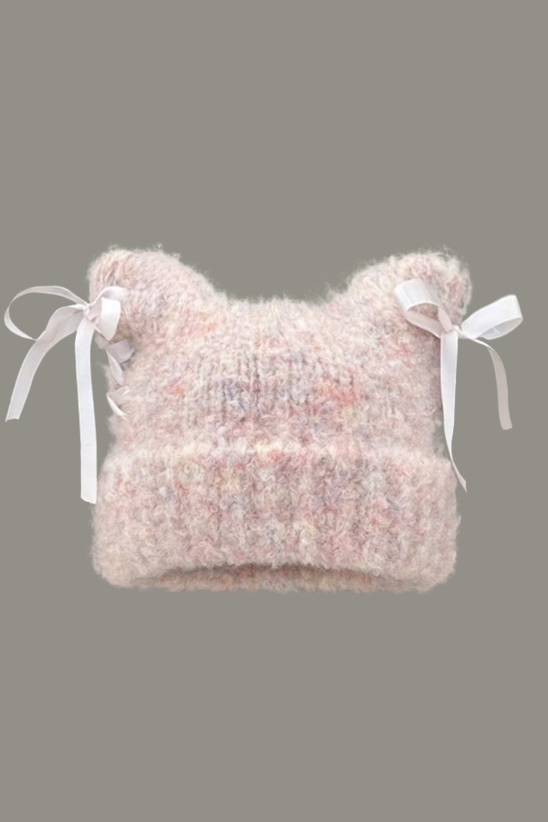 Plush Bow Ribbon Knit Hat