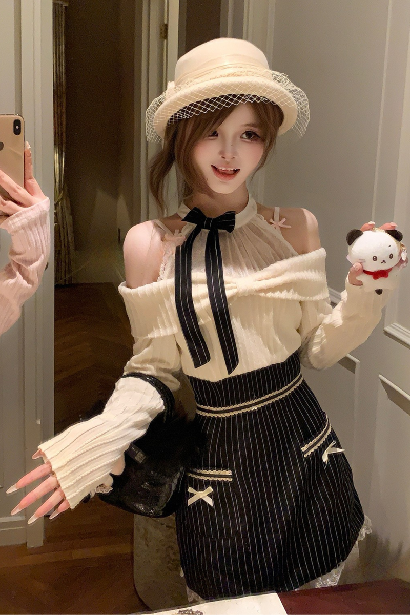 Ribbon Off Shoulder Striped Dress