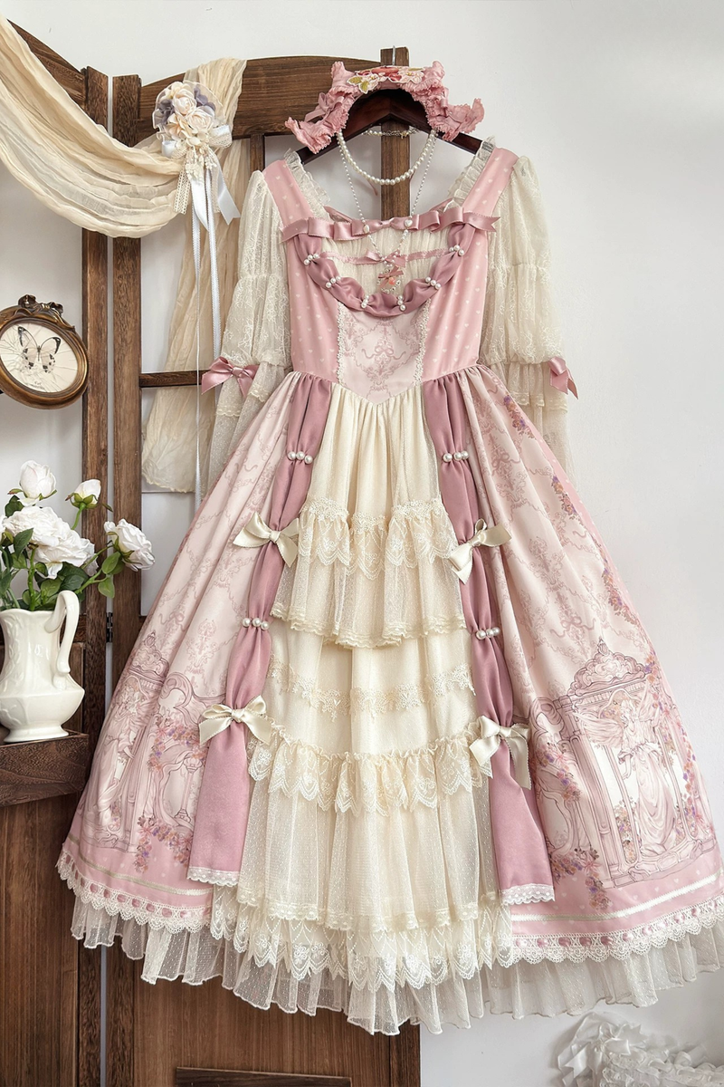 [pre-order Deadline: April 26] Rococo Antique Lace Tiered Ribbon Pink Lolita Dress + Bonnet