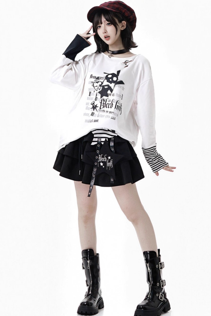 Striped Rock Print Hoodie Jacket + Tops + Long Pants + Skirt