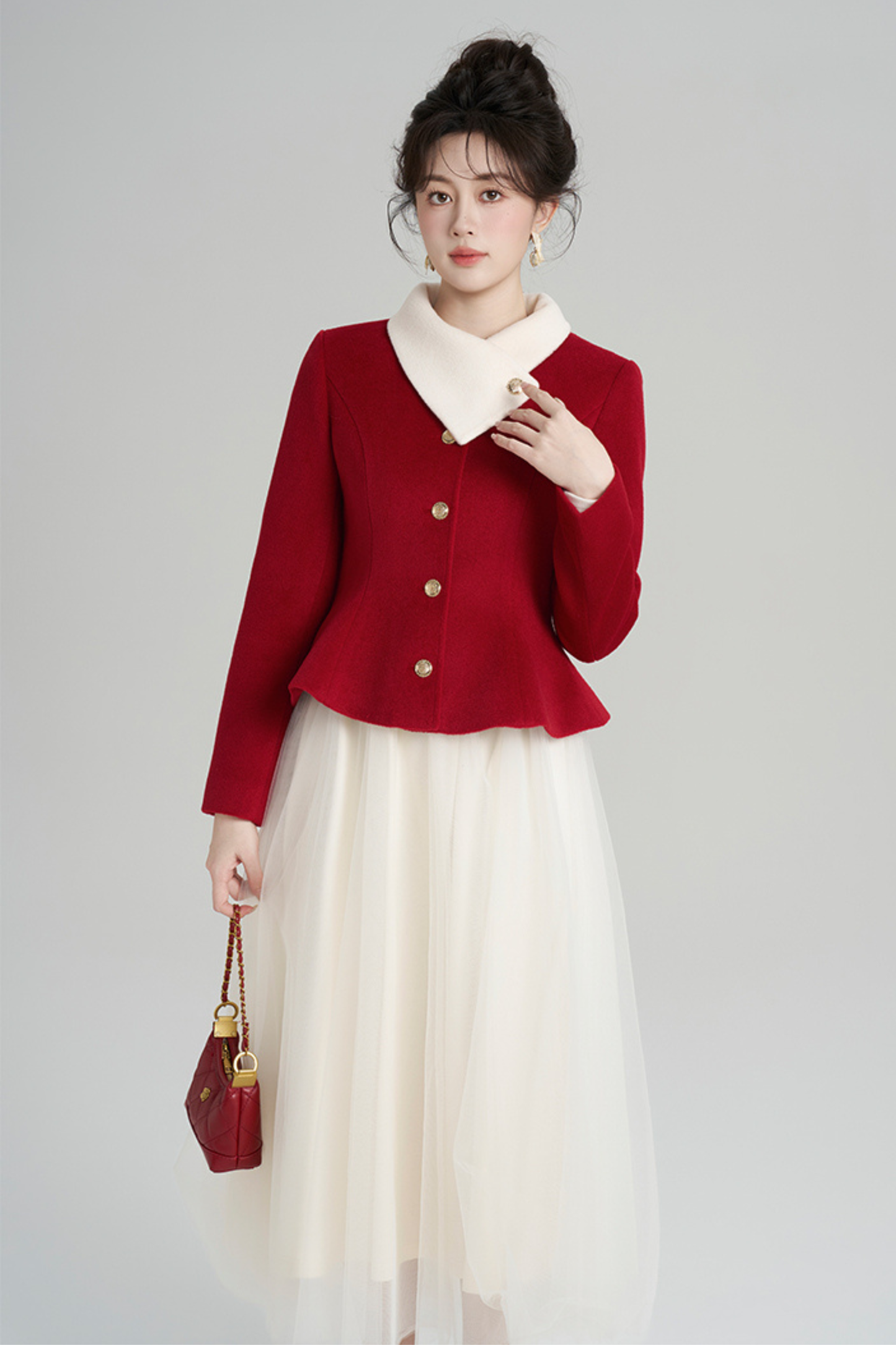 Red Wool Waist Cinching Coat + Long Dress