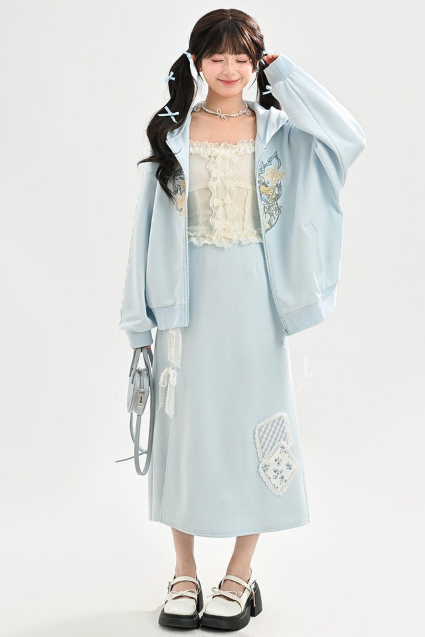 Splicing Hooded Parka + Long Skirt + Wide Pants
