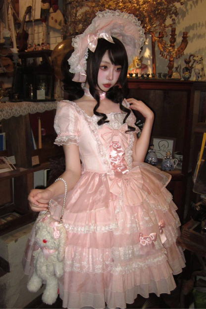 Sweetheart Ruffle Ribbon Lolita Dress + Bnt + Necklace + Princess Sleeve