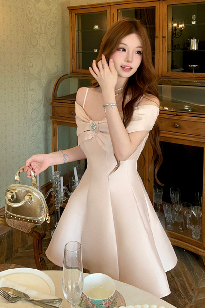 Off Shoulder Ribbon Short Flare Dress + Long Flare Dress