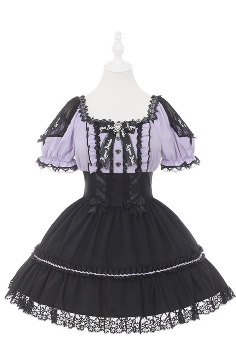 Purple Lace Sweetheart Dress + Ribbon Clip + Necklace