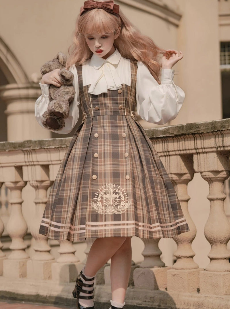 Bow Collar Volume Sleeve Plaid Dress + Cross Plaid Cape Coat