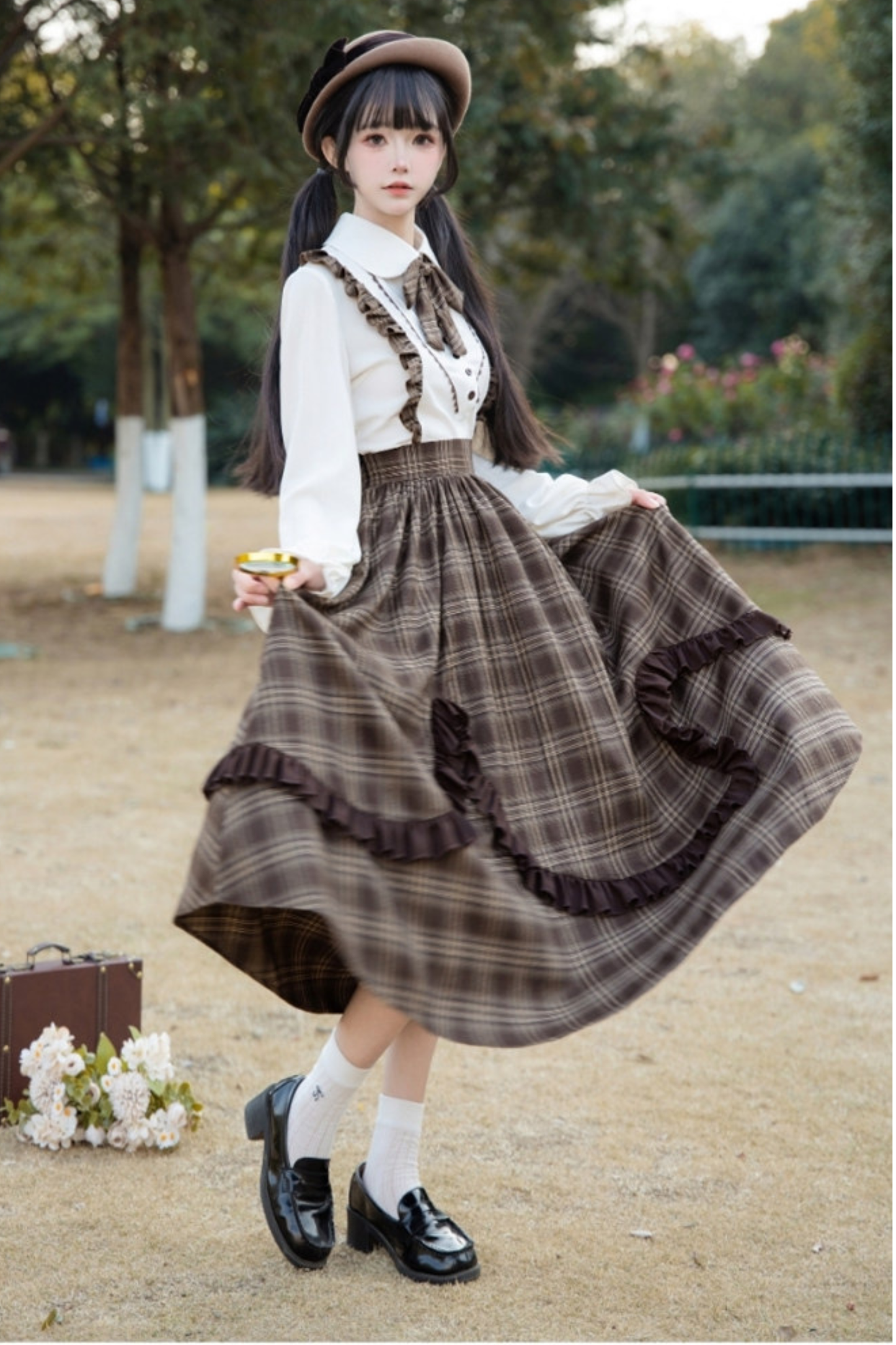 Retro Girly Plaid Skirt + Ruffle Blouse