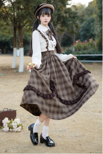 Retro Girly Plaid Skirt + Ruffle Blouse