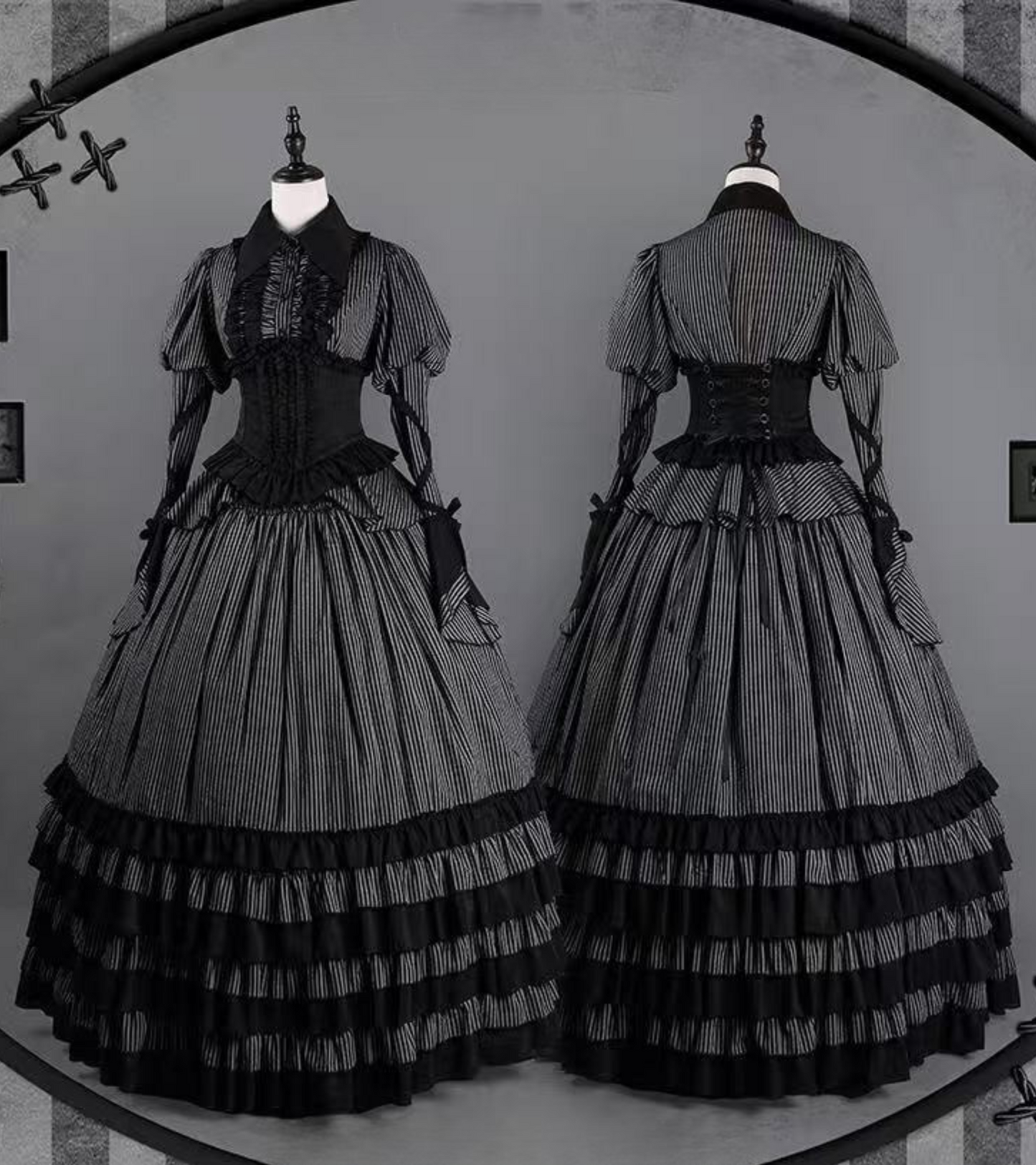 [pre-order] Dark Striped Gusset-sleeved Shirt + Corset + Skirt