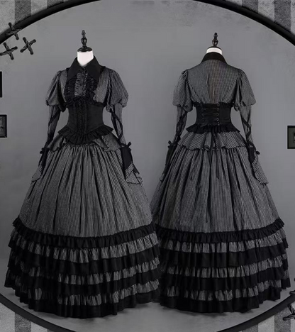 [pre-order] Dark Striped Gusset-sleeved Shirt + Corset + Skirt
