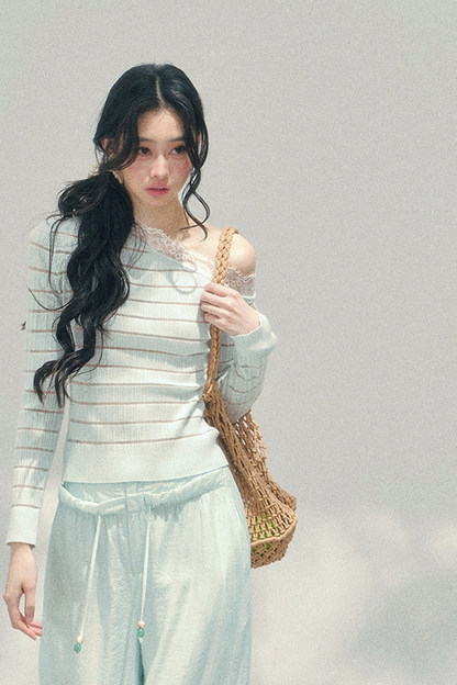 One Shoulder Glance Lace Striped Top