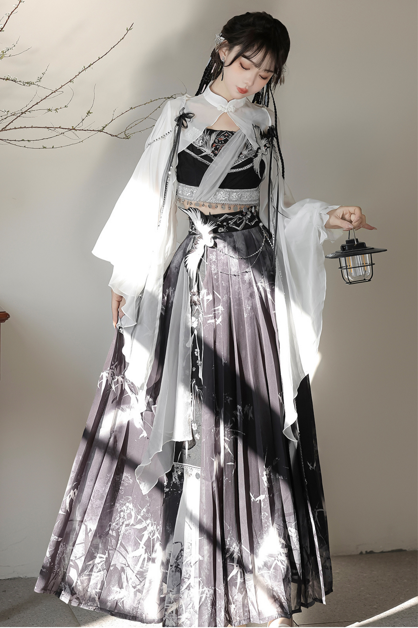 Retro Dark China Skirt + Camisole + Sheer Coat