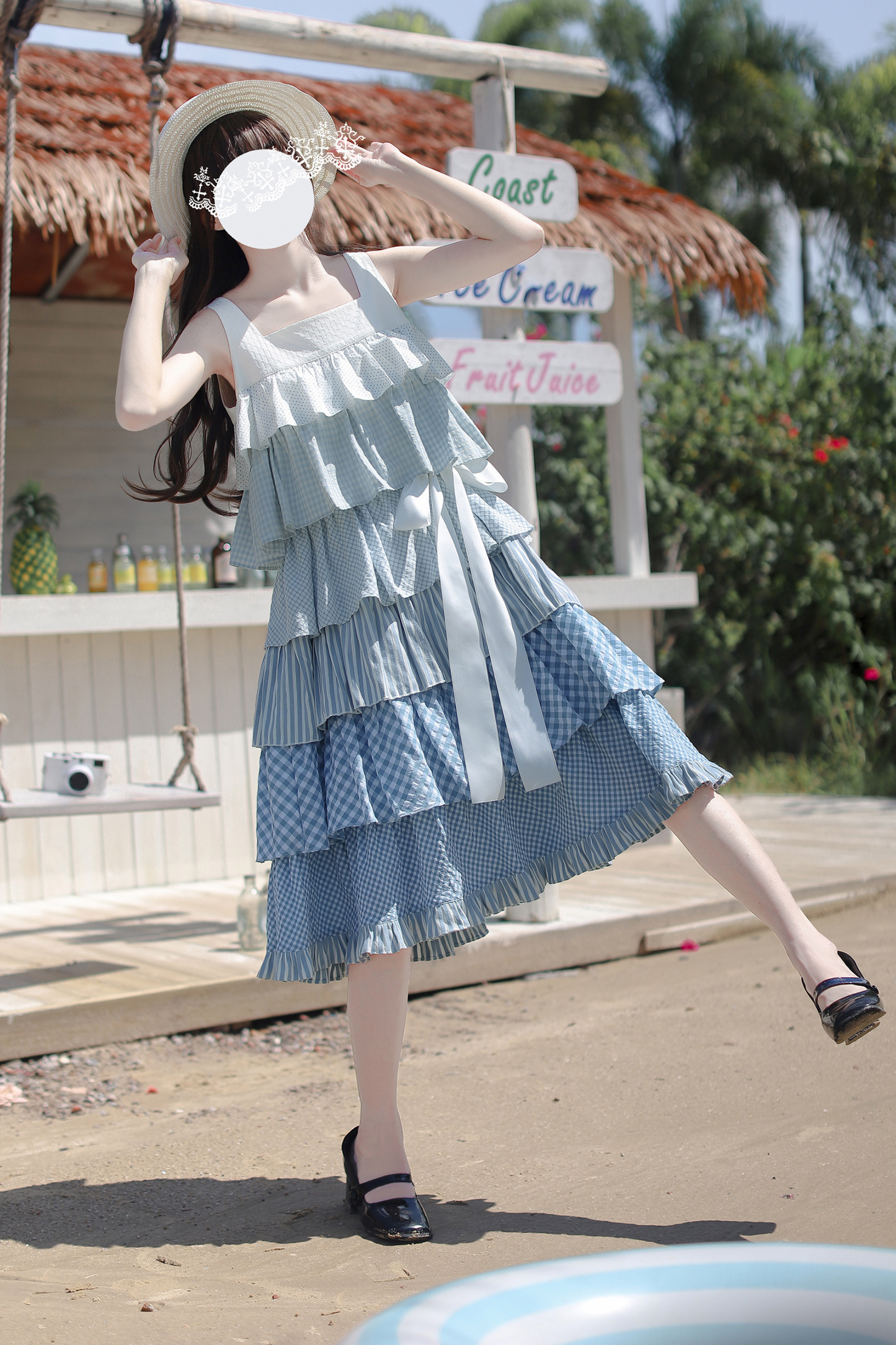 Sky Sweet Tiered Sleeveless Dress + Ribbon Brooch