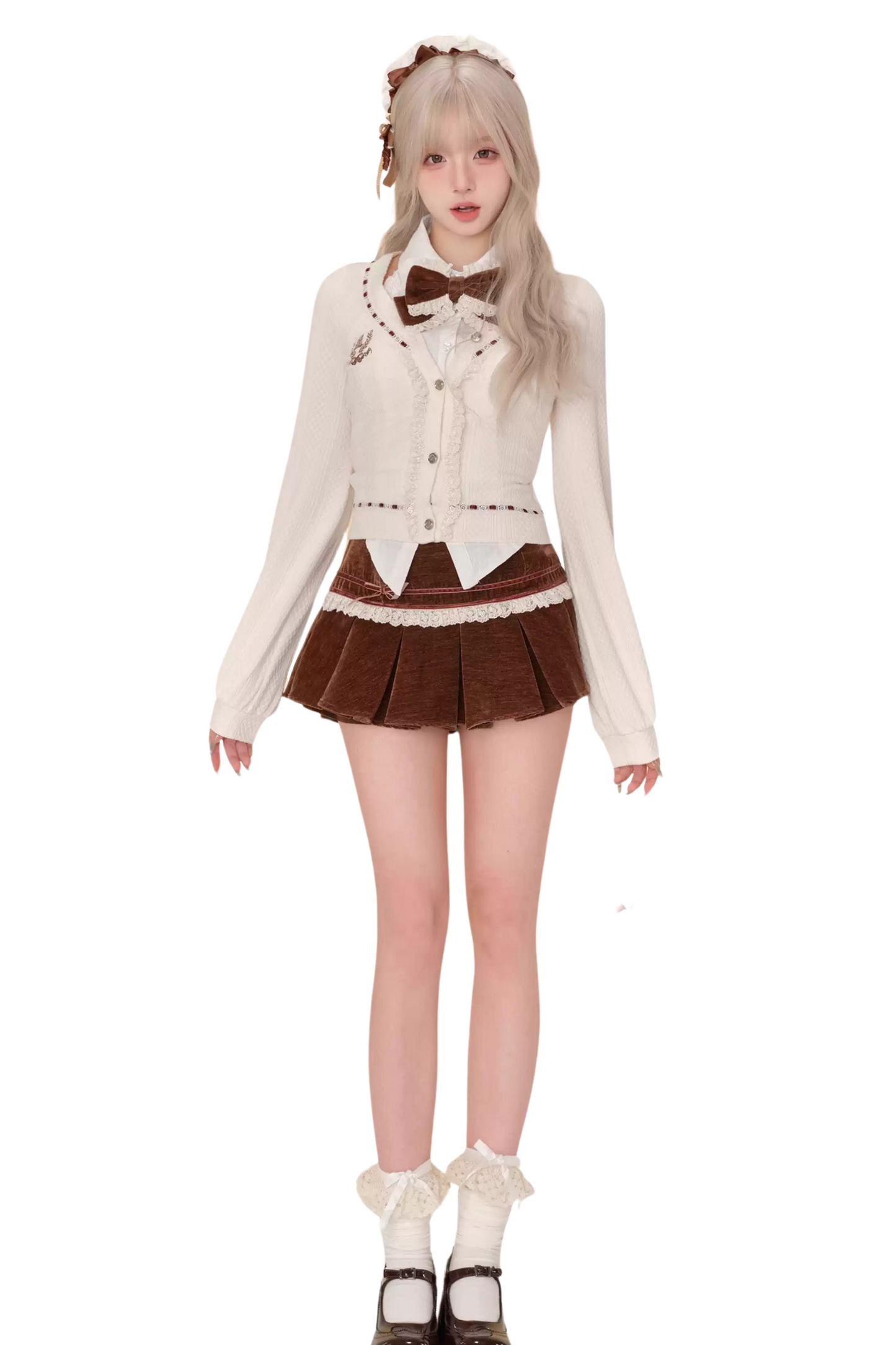 Bear Boa Coat + Ribbon Knit Cardigan + Off Shoulder Shirt + Short Skirt