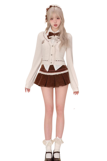 Bear Boa Coat + Ribbon Knit Cardigan + Off Shoulder Shirt + Short Skirt