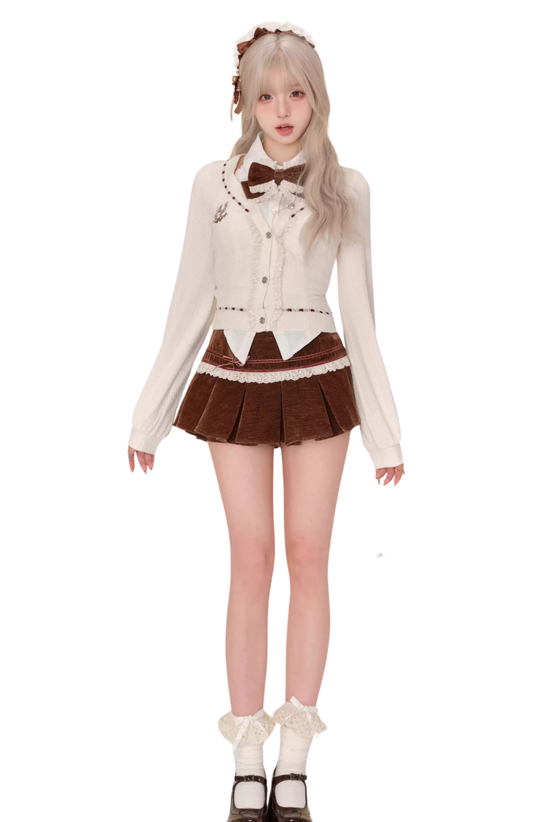 Bear Boa Coat + Ribbon Knit Cardigan + Off Shoulder Shirt + Short Skirt