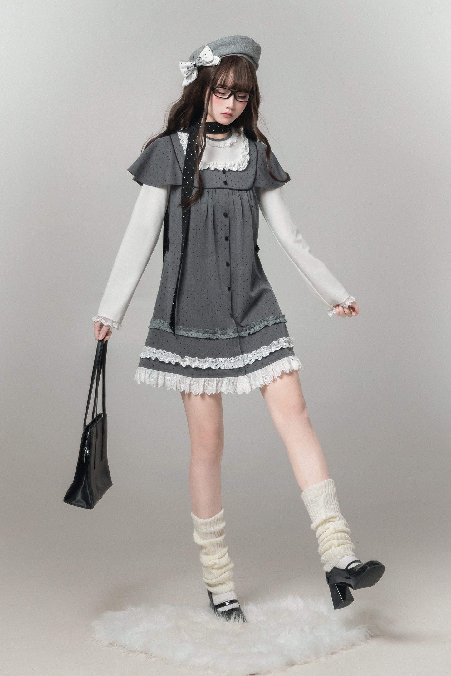 Gray Polka Dot Doll Dress + Beret