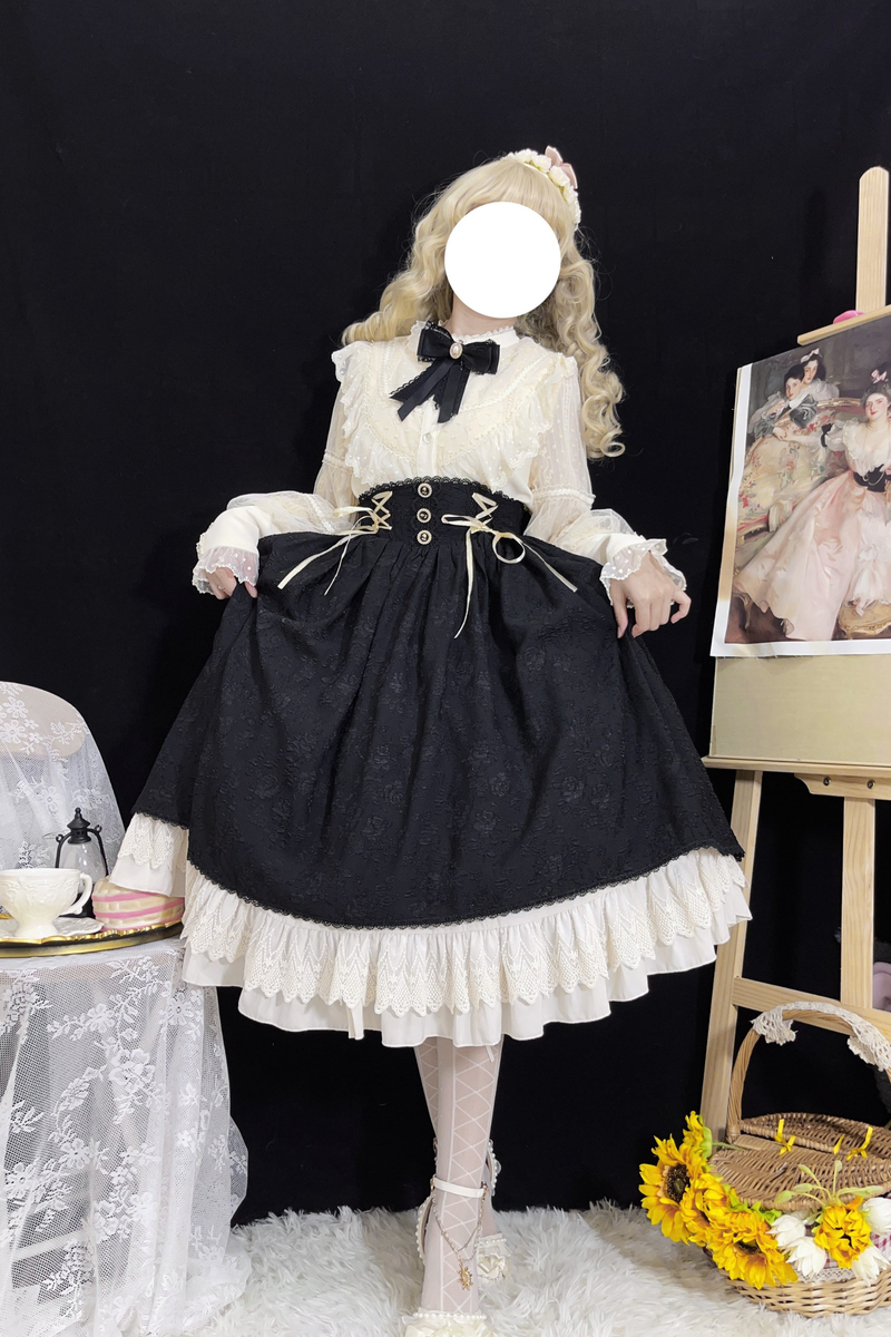 Retro Lolita Shirt + Lace-up High-waist Lolita Skirt