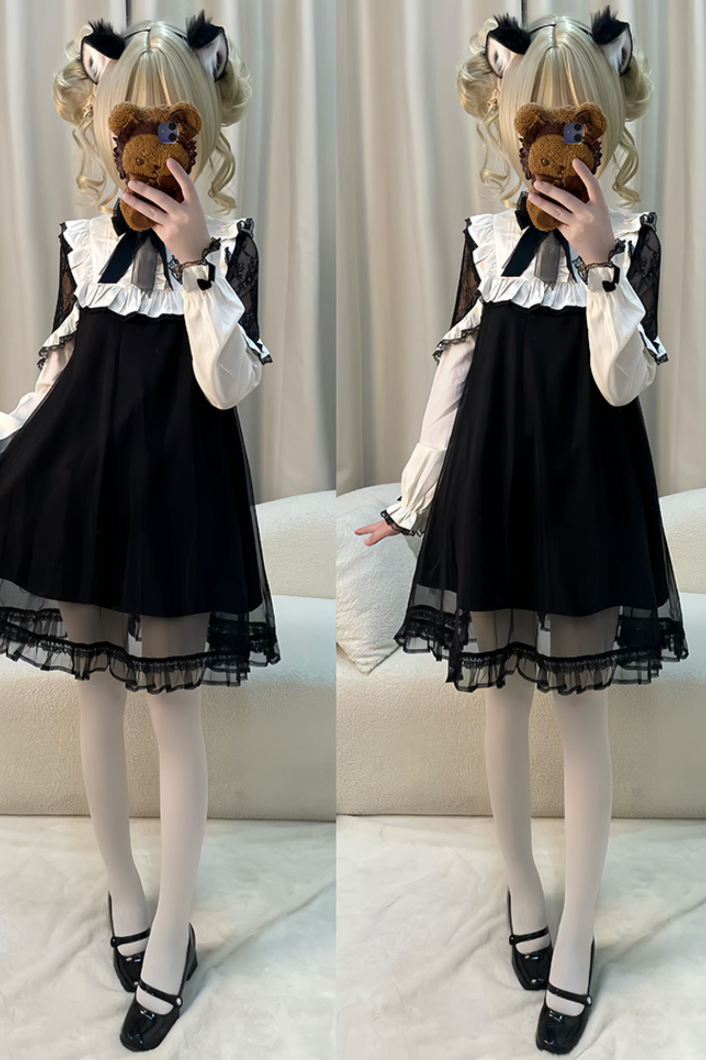 Lace Edge Mesh Paneled Little Black Dress