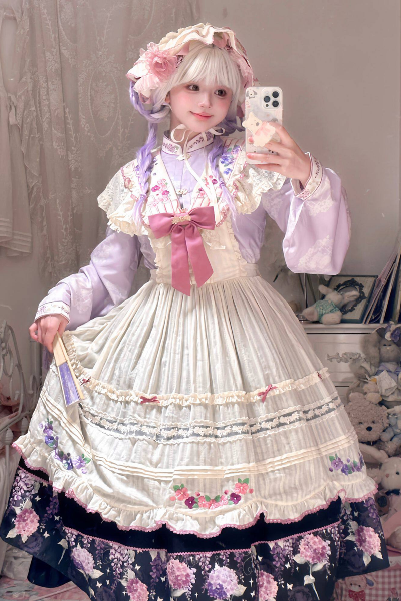 Chinese-style Lolita Top + Skirt + Apron + Headband + Bonnet